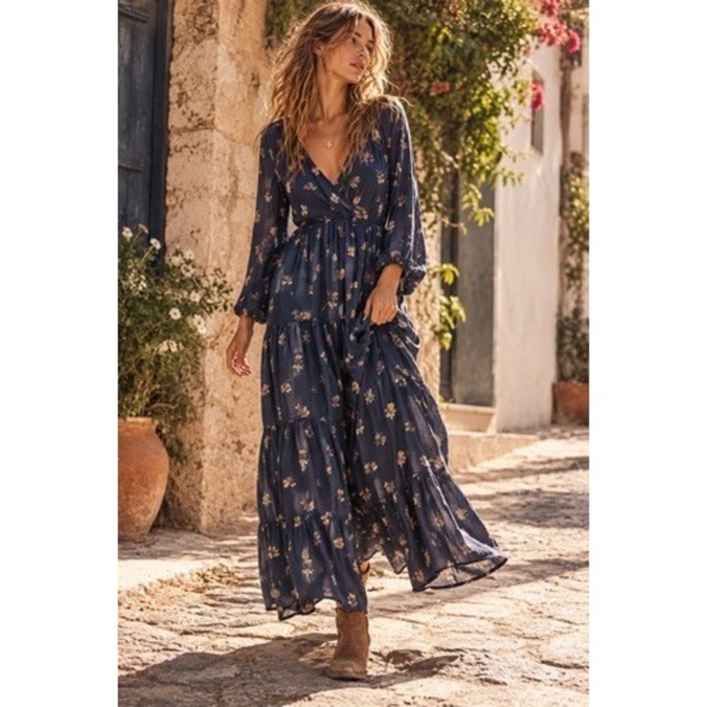 Madewell Navy Floral Tiered Maxi Dress Long Balloon Sleeve V-Neck Pockets Medium
